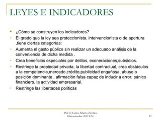 LEYES E INDICADORES
   ¿Cómo se construyen los indicadores?
   El grado que la ley sea proteccionista, intervencionista o de apertura
    ,tiene ciertas categorías:
   Aumenta el gasto público sin realizar un adecuado análisis de la
    conveniencia de dicha medida .
   Crea beneficios especiales por delitos, exoneraciones,subsidios.
   Restringe la propiedad privada, la libertad contractual, crea obstáculos
    a la competencia,mercado,crédito,publicidad engañosa, abuso o
    posición dominante , afirmación falsa capaz de inducir a error, pánico
    financiero, la actividad empresarial.
   Restringe las libertades políticas




                              Phd (c) Carlos Alberto Zevallos
                                Elías.setiembre 2012 CAL                       53
 