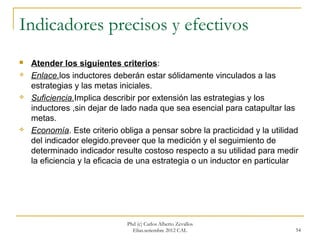 Indicadores precisos y efectivos
   Atender los siguientes criterios:
   Enlace.los inductores deberán estar sólidamente vinculados a las
    estrategias y las metas iniciales.
   Suficiencia.Implica describir por extensión las estrategias y los
    inductores ,sin dejar de lado nada que sea esencial para catapultar las
    metas.
   Economía. Este criterio obliga a pensar sobre la practicidad y la utilidad
    del indicador elegido.preveer que la medición y el seguimiento de
    determinado indicador resulte costoso respecto a su utilidad para medir
    la eficiencia y la eficacia de una estrategia o un inductor en particular




                              Phd (c) Carlos Alberto Zevallos
                                Elías.setiembre 2012 CAL                     54
 