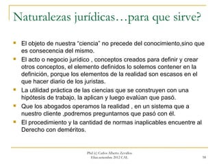 Naturalezas jurídicas…para que sirve?
   El objeto de nuestra “ciencia” no precede del conocimiento,sino que
    es consecencia del mismo.
   El acto o negocio jurídico , conceptos creados para definir y crear
    otros conceptos, el elemento definidos lo solemos contener en la
    definición, porque los elementos de la realidad son escasos en el
    que hacer diario de los juristas.
   La utilidad práctica de las ciencias que se construyen con una
    hipótesis de trabajo, la aplican y luego evalúan que pasó.
   Que los abogados operamos la realidad , en un sistema que a
    nuestro cliente ,podremos preguntarnos que pasó con él.
   El procedimiento y la cantidad de normas inaplicables encuentre al
    Derecho con deméritos.


                            Phd (c) Carlos Alberto Zevallos
                              Elías.setiembre 2012 CAL                58
 
