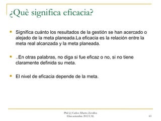 ¿Què significa eficacia?
   Significa cuánto los resultados de la gestión se han acercado o
    alejado de la meta planeada.La eficacia es la relación entre la
    meta real alcanzada y la meta planeada.

   ..En otras palabras, no diga si fue eficaz o no, si no tiene
    claramente definida su meta.

   El nivel de eficacia depende de la meta.




                            Phd (c) Carlos Alberto Zevallos
                              Elías.setiembre 2012 CAL                63
 