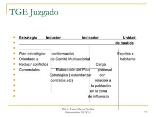 TGE Juzgado

   Estrategia      Inductor                      Indicador          Unidad
                                                                de medida


   Plan estratégico    conformación                             Expdtes x
   Orientado a        de Comité Multisectorial                   habitante
   Reducir conflictos                               Carga
   Comerciales            Elaboración del Plan       procesal
                      Estratégico ( estandarizar      con
                      contratos,etc)               relación a
                                                la población
                                               en la zona
                                              de influencia


                               Phd (c) Carlos Alberto Zevallos
                                 Elías.setiembre 2012 CAL                     72
 