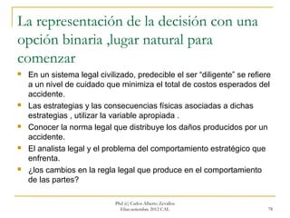 La representación de la decisión con una
opción binaria ,lugar natural para
comenzar
   En un sistema legal civilizado, predecible el ser “diligente” se refiere
    a un nivel de cuidado que minimiza el total de costos esperados del
    accidente.
   Las estrategias y las consecuencias físicas asociadas a dichas
    estrategias , utilizar la variable apropiada .
   Conocer la norma legal que distribuye los daños producidos por un
    accidente.
   El analista legal y el problema del comportamiento estratégico que
    enfrenta.
   ¿los cambios en la regla legal que produce en el comportamiento
    de las partes?

                             Phd (c) Carlos Alberto Zevallos
                               Elías.setiembre 2012 CAL                    78
 