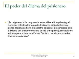El poder del dilema del prisionero


   “Se origina en la incongruencia entre el beneficio privado y el
    bienestar colectivo.La toma de decisiones individuales-aun
    siendo racionales-lleva al desastre colectivo- Se considera que
    el Dilema del prisionero es una de las principales justificaciones
    teóricas para la intervención del Gobierno en el campo de las
    decisiones privadas”




                            Phd (c) Carlos Alberto Zevallos
                              Elías.setiembre 2012 CAL                   79
 