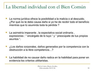 La libertad individual con el Bien Común

   La norma jurídica ofrece la posibilidad a la malicia o al descuido.
    ¿Por qué no te debo causa daño si yo he de recibir todo el beneficio
    mientras que tú asumirás toda la pérdida ?

   La asimetría imperante , la expectativa social ordinaria ,
    expresiones : “ encárgate de lo tuyo “ y “ preocúpate de tus propios
    asuntos “.

   ¿Los daños corporales, daños generados por la competencia con la
    obstrucción a la libre competencia…?

   La habilidad de no causar daño radica en la habilidad para poner en
    evidencia los criterios utilitaristas.
                            Phd (c) Carlos Alberto Zevallos
                              Elías.setiembre 2012 CAL                     84
 