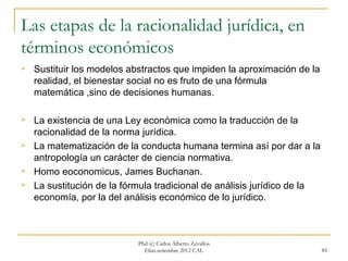 Las etapas de la racionalidad jurídica, en
términos económicos
   Sustituir los modelos abstractos que impiden la aproximación de la
    realidad, el bienestar social no es fruto de una fórmula
    matemática ,sino de decisiones humanas.

   La existencia de una Ley económica como la traducción de la
    racionalidad de la norma jurídica.
   La matematización de la conducta humana termina así por dar a la
    antropología un carácter de ciencia normativa.
   Homo eoconomicus, James Buchanan.
   La sustitución de la fórmula tradicional de análisis jurídico de la
    economía, por la del análisis económico de lo jurídico.



                            Phd (c) Carlos Alberto Zevallos
                              Elías.setiembre 2012 CAL                    85
 