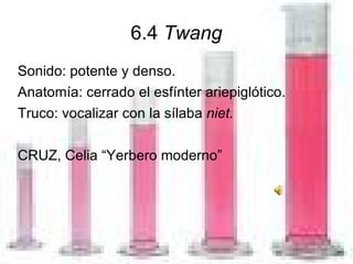 6.4  Twang Sonido: potente y denso. Anatomía: cerrado el esfínter ariepiglótico. Truco: vocalizar con la sílaba  niet. CRUZ, Celia “Yerbero moderno” 