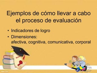 Ejemplos de cómo llevar a cabo
el proceso de evaluación
• Indicadores de logro
• Dimensiones:
afectiva, cognitiva, comunicativa, corporal
…
 