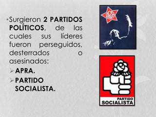 •Surgieron 2 PARTIDOS
POLÍTICOS, de las
cuales sus líderes
fueron perseguidos,
desterrados o
asesinados:
APRA.
PARTIDO
SOCIALISTA.
 