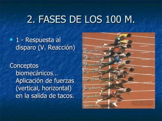 2. FASES DE LOS 100 M. 1 - Respuesta al disparo (V. Reacción) Conceptos biomecánicos… Aplicación de fuerzas (vertical, horizontal) en la salida de tacos. 
