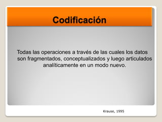 Codificación
Todas las operaciones a través de las cuales los datos
son fragmentados, conceptualizados y luego articulados
analíticamente en un modo nuevo.
Krause, 1995
 