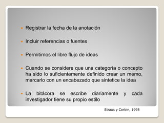  Registrar la fecha de la anotación
 Incluir referencias o fuentes
 Permitirnos el libre flujo de ideas
 Cuando se considere que una categoría o concepto
ha sido lo suficientemente definido crear un memo,
marcarlo con un encabezado que sintetice la idea
 La bitácora se escribe diariamente y cada
investigador tiene su propio estilo
Straus y Corbin, 1998
 