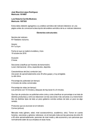 José Mauricio López Rodríguez
Matrícula: 1614967
Luis Roberto Carrillo Medrano
Matricula: 1657363
Estos datos deberán agregarlos a su análisis semiótico del noticiero televisivo en una
página antes de comenzar la descripción del análisis semiótico de la un noticiero televisivo
Elementos estructurales
Nombre del noticiero
R=Telediario nocturno.
Horario
R=7 a 9 pm
Fecha en que se realizó el análisis y hora
19 octubre de 2016
Duración
2 horas
Secciones (clasificar por horarios de transmisión)
Local, internacional, clima, espectáculos, deportes.
Características del (los) conductor (es)
Una joven de aproximadamente unos 40 años guapa y muy arreglada.
La del clima
Porcentaje de publicidad (en tiempo)
4 minutos de cortes comerciales
Porcentaje de notas (en tiempo)
Los primeros son 10 minutos y despues de hay duran 6 a 8 minutos.
Que tipo de productos se publicitan entre corte y corte (clasificar en porcentaje si se trata de
distintos productos) y cómo se relacionan con las secciones más cercanas a su transmisión
Son de distintos tipos de todo un poco gobierno comida sorteos de todo un poco es algo
variado.
Productos que se anuncian en el noticiero
Comex (pintura)
Mercado meta (género, edad, nivel socioeconómico, académico, otro). Tomar en cuenta
horarios, secciones y géneros noticiosos: en el mercado meta son las personas de entre 25
a 65 años aproximadamente, personas de nivel medio y alta economía y son personas que
normalmente salen de sus empleos en esas horas.
 