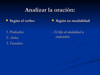 Analizar la oración: Según el verbo: 1. Predicativa  2. Activa 3. Transitiva Según su modalidad : -  El tipo de modalidad es enunciativo 