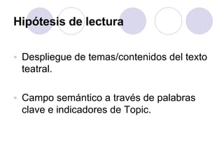 Hipótesis de lectura   Despliegue de temas/contenidos del texto teatral.  Campo semántico a través de palabras clave e indicadores de Topic.   