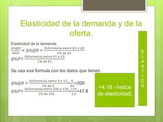 Elasticidad de la demanda y de la
oferta.
Elasticidad de la demanda.
∆%𝑄𝐷
∆%𝑃
= ∆%𝑄𝐷 =
𝐷𝑖𝑓𝑒𝑟𝑒𝑛𝑐𝑖𝑎 𝑒𝑛𝑡𝑟𝑒 𝑄1 𝑦 𝑄2
1% 𝑑𝑒 𝑄1
∆%𝑃=
𝐷𝑖𝑓𝑒𝑟𝑒𝑛𝑐𝑖𝑎 𝑒𝑛𝑡𝑟𝑒 𝑃1 𝑦 𝑃2
1% 𝑑𝑒 𝑃1
Se usa esa formula con los datos que tienes.
∆%𝑄𝐷 =
𝐷𝑖𝑓𝑒𝑟𝑒𝑛𝑐𝑖𝑎 𝑒𝑛𝑡𝑟𝑒 4 𝑦 12
1% 𝑑𝑒 4
=
8
.04
=200
∆%𝑃=
𝐷𝑖𝑓𝑒𝑟𝑒𝑛𝑐𝑖𝑎 𝑒𝑛𝑡𝑟𝑒 230 𝑦 120
1% 𝑑𝑒 230
=
110
2.3
=47.8
Escriba aquí la ecuación.
=4.18 –Índice
de elasticidad.
E
L
A
S
T
I
C
O
 