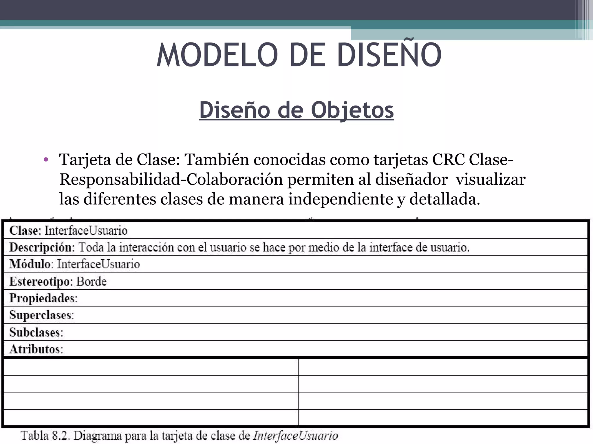 Diseño de Objetos Tarjeta de Clase: También conocidas como tarjetas CRC Clase-Responsabilidad-Colaboración permiten al diseñador  visualizar las diferentes clases de manera independiente y detallada . MODELO DE DISEÑO 