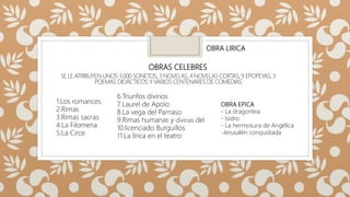 SE LE ATRIBUYEN UNOS 3.000 SONETOS, 3 NOVELAS, 4 NOVELAS CORTAS, 9 EPOPEYAS, 3
POEMAS DIDÁCTICOS Y VARIOS CENTENARES DE COMEDIAS
OBRAS CELEBRES
OBRA EPICA
- La dragontea
- Isidro
- La hermosura de Angélica
-Jerusalén conquistada
6.Triunfos divinos
7.Laurel de Apolo
8.La vega del Parnaso
9.Rimas humanas y divinas del
10.licenciado Burguillos
11.La lírica en el teatro
OBRA LIRICA
1.Los romances
2.Rimas
3.Rimas sacras
4.La Filomena
5.La Circe
 