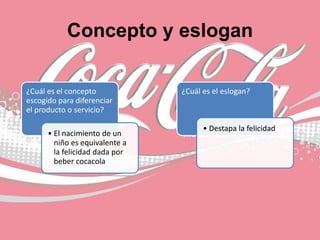 Concepto y eslogan
¿Cuál es el concepto
escogido para diferenciar
el producto o servicio?
• El nacimiento de un
niño es equivalente a
la felicidad dada por
beber cocacola
¿Cuál es el eslogan?
• Destapa la felicidad
 