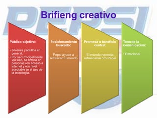 Brifieng creativo
Público objetivo:
• Jóvenes y adultos en
general.
• Por ser Principalmente
vía web, se enfoca en
personas con acceso a
internet y con nivel
aceptable en el uso de
la tecnología.
Posicionamiento
buscado:
Pepsi ayuda a
refrescar tu mundo
Promesa o beneficio
central:
El mundo necesita
refrescarse con Pepsi
Tono de la
comunicación:
• Emocional