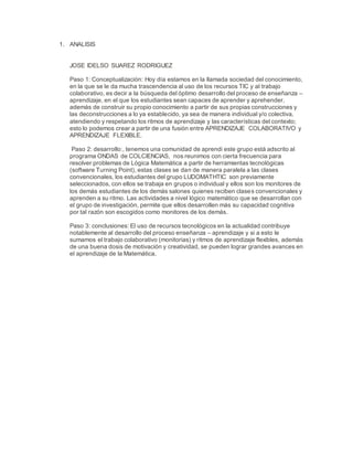 1. ANALISIS
JOSE IDELSO SUAREZ RODRIGUEZ
Paso 1: Conceptualización: Hoy día estamos en la llamada sociedad del conocimiento,
en la que se le da mucha trascendencia al uso de los recursos TIC y al trabajo
colaborativo, es decir a la búsqueda del óptimo desarrollo del proceso de enseñanza –
aprendizaje, en el que los estudiantes sean capaces de aprender y aprehender,
además de construir su propio conocimiento a partir de sus propias construcciones y
las deconstrucciones a lo ya establecido, ya sea de manera individual y/o colectiva,
atendiendo y respetando los ritmos de aprendizaje y las características del contexto;
esto lo podemos crear a partir de una fusión entre APRENDIZAJE COLABORATIVO y
APRENDIZAJE FLEXIBLE.
Paso 2: desarrollo:, tenemos una comunidad de aprendi este grupo está adscrito al
programa ONDAS de COLCIENCIAS, nos reunimos con cierta frecuencia para
resolver problemas de Lógica Matemática a partir de herramientas tecnológicas
(software Turning Point), estas clases se dan de manera paralela a las clases
convencionales, los estudiantes del grupo LUDOMATHTIC son previamente
seleccionados, con ellos se trabaja en grupos o individual y ellos son los monitores de
los demás estudiantes de los demás salones quienes reciben clases convencionales y
aprenden a su ritmo. Las actividades a nivel lógico matemático que se desarrollan con
el grupo de investigación, permite que ellos desarrollen más su capacidad cognitiva
por tal razón son escogidos como monitores de los demás.
Paso 3: conclusiones: El uso de recursos tecnológicos en la actualidad contribuye
notablemente al desarrollo del proceso enseñanza – aprendizaje y si a esto le
sumamos el trabajo colaborativo (monitorias) y ritmos de aprendizaje flexibles, además
de una buena dosis de motivación y creatividad, se pueden lograr grandes avances en
el aprendizaje de la Matemática.
 