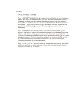 ANÁLISIS
YAMEL RAMIREZ SANCHEZ
Paso 1: CONCEPTUALIZACIÓN Aprendizaje Vivencial Modelo de aprendizaje que
implica la vivencia de una experiencia en la que el alumno puede sentir o hacer
cosas que fortalecen sus aprendizajes. De esta manera durante mi praxis logre
desarrollar una temática en el área de biología donde los estudiantes lograron ser
autónomos, y constructores de su propio conocimiento. Es decir, a partir de una
experiencia significativa lograron retroalimentar su proceso de enseñanza
aprendizaje
Paso 2: DESARROLLO Esta actividad se realizará con la finalidad de que los
alumnos interpreten y diferencien los tipos de germinación hipogea y epigea. Que
a través de la elaboración del germinador puedan desarrollar la capacidad de
observación, de registro y de transmisión de los resultados obtenidos en un trabajo
de experimentación. También que utilicen para ello las herramientas TIC con las
que cuentan elaborando registros de observación y de comunicación de los
resultados obtenidos, de forma colaborativa.
Paso 3: CONCLUSION Conocer qué son las semillas y su importancia. Reconocer
cuáles son los factores ambientales que influyen sobre las plantas. Identificar los
órganos y funciones de las plantas.
 