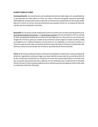 OLIMPO CARRILLO FLOREZ
Conceptualización nosencontramosconestudiantesde estratomedio-bajoyconunapoblaciónen
la que abundan las niñas sobre los niños. Las niñas y niños de este grado requieren desarrollar
habilidades de comprensiónlectora a partir de la literatura los estudiantes son de estrato medio-
bajo por lo tanto no tienen recursos económicos que puedan utilizar en la compra de libros de
cuentos que los estudiantes necesitan.
Desarrollo:En lasclasescuandoempezamosaleerloscuentosconlosniñostratode guiarme enel
aprendizaje basadoenproyectos y un aprendizaje vivencial,primeroal empezara leerloscuentos
les doy una pequeña sinopsis de la historia con esto hago que los niños creen en sus mentes una
imagen de la historia, para que cuando se las comience a contar organicen todas las ideas y todas
las imágenes en su cabeza empiecena unirse como en un engranaje, y vivencial, el cuento o la
historiase apersonade cada uno de ellosal realizarobras de teatroy mímicas en donde cada niño
disfruta y encarna los personajes de la historia, aprendiendo de forma divertida.
Cierre:Al terminarlasobrasde teatroy mímicaslosestudiantes,1) Salende susaulasycambiande
ambiente,lograndoconestoque tenganunamejoratención,yaque salende suzonade confort.2)
Se dan cuenta que el castellanoyla literaturano essolo leercuentosaburridosy sin sentido,sino
que se pueden apersonarse de ellos y además con las reflexionesque se obtienen de la literatura
infantil pensarencómoresolverproblemasdesuvidadiariapuestoquealgunosniñosyniñasviven
en ambientes familiares delicados.
 