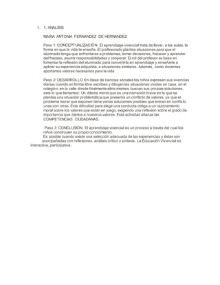 1. 1. ANÁLISIS
MARIA ANTONIA FERNANDEZ DE HERNANDEZ
Paso 1: CONCEPTUALIZACIÓN El aprendizaje vivencial trata de llevar, a las aulas, la
forma en que la vida te enseña. El profesorado plantea situaciones para que el
alumnado tenga que enfrentarse a problemas, tomar decisiones, fracasar y aprender
del fracaso, asumir responsabilidades y cooperar. El rol del profesor se basa en
fomentar la reflexión del alumnado para convertirla en aprendizaje y enseñarle a
aplicar su experiencia adquirida, a situaciones similares. Además, como docentes
aportamos valores necesarios para la vida
Paso 2: DESARROLLO En clase de ciencias sociales los niños expresan sus vivencias
diarias cuando en forma libre escriben y dibujan las situaciones vividas en casa, en el
colegio o en la calle donde finalmente ellos mismos buscan sus propias soluciones,
este lo que llamamos: Un dilema moral que es una narración breve en la que se
plantea una situación problemática que presenta un conflicto de valores, ya que el
problema moral que exponen tiene varias soluciones posibles que entran en conflicto
unas con otras. Esta dificultad para elegir una conducta obliga a un razonamiento
moral sobre los valores que están en juego, exigiendo una reflexión sobre el grado de
importancia que damos a nuestros valores. Esta actividad afianza las
COMPETENCIAS CIUDADANAS.
Paso 3: CONCLUSION El aprendizaje vivencial es un proceso a través del cual los
niños construyen su propio conocimiento.
Es posible cuando existe una selección adecuada de las experiencias y éstas son
acompañadas con reflexiones, análisis crítico y síntesis. La Educación Vivencial es
interactiva, participativa.
 