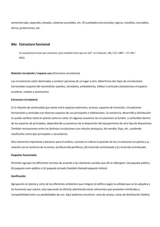 semienterrado, separado, elevado, cubiertas accesibles, etc. (f) cualidades estructurales, ligeras, movibles, reciclables,
aleros, protecciones, etc.
04a Estructura funcional
“La arquitectura tiene que conmover, pero también tiene que ser útil” Le Corbusier. (06 / 10 / 1887 – 27 / 08 /
1965)
Relación circulación / espacio-uso (Estructura circulatoria)
Las circulaciones están destinadas a conducir personas de un lugar a otro. Advertimos dos tipos de circulaciones:
horizontales (soporte del movimiento: pasillos, corredores, ambulatorios, halles) o verticales (caracterizan el espacio:
escaleras, rampas y ascensores).
Estructura circulatoria
Es la relación de continuidad que existe entre espacios exteriores, accesos, espacios de transición, circulaciones
horizontales y verticales con diversos espacios de uso principales o habitaciones. Su existencia, desarrollo y distribución
se puede verificar tanto en planta como en corte. En algunas ocasiones las circulaciones se funden y confunden dentro
de los espacios de principales, dependiendo su presencia de la disposición del equipamiento de otro tipo de dispositivos.
También reconocemos entre las distintas circulaciones una relación jerárquica, de tamaño, flujo, etc.; pudiendo
clasificarlos como ejes principales o secundarios.
Otro elemento importante a destacar para el análisis, consiste en indicar la posición de las circulaciones en planta y su
relación con el contorno de la misma. (a) Recorrido periférico, (b) recorrido centralizado y (c) recorrido entrelazado.
Paquetes funcionales
Permiten agrupar los diferentes recintos de acuerdo a las relaciones sociales que allí se alberguen: (a) paquete público,
(b) paquete semi-público o (c) paquete privado (también llamado paquete íntimo).
Zonificación
Agrupación en planta y corte de los diferentes ambientes que integran el edificio según la utilidad que se les adjudica y
las funciones que cubren, esta operación se efectúa advirtiendo zonas coherentes que presenten similitudes y
compatibilidad entre sus posibilidades de uso. Aquí podemos encontrar: zona de acceso, zonas de distribución (halles),
 