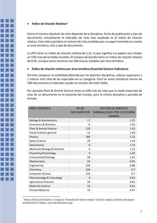 • Índice de Citación Relativa1
Como el número absoluto de citas depende de la disciplina, fecha de publicación y tipo de
d...