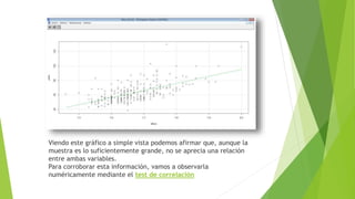 Viendo este gráfico a simple vista podemos afirmar que, aunque la
muestra es lo suficientemente grande, no se aprecia una relación
entre ambas variables.
Para corroborar esta información, vamos a observarla
numéricamente mediante el test de correlación
 