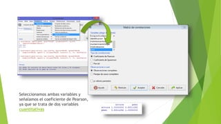 Seleccionamos ambas variables y
señalamos el coeficiente de Pearson,
ya que se trata de dos variables
cuantitativas
 