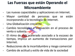 Ambiente Externo de eBay3- Poder de negociación de los compradores: En esta Industria el comprador es el vendedor, ya que tiene algo que ofrecer y tiene la necesidad en donde vender, en este caso utiliza la plataforma de E-bay. El poder de negociación de los compradores es Bajo.4- Poder de Negociación de los proveedores: Los vendedores en esta industria utilizan el sistema de subasta en Internet, siendo las plataformas de Internet los proveedores del servicio a los vendedores. Dado lo anterior el poder de los proveedores es Bajo.5 - Sustitutos:Existe la sensación de que existen varios sustitutos, pero los sustitutos se están debilitando. El costo de cambio es alto, por lo tanto, la amenaza de sustitutos es Baja.