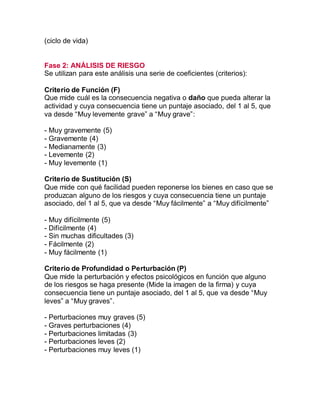 (ciclo de vida)
Fase 2: ANÁLISIS DE RIESGO
Se utilizan para este análisis una serie de coeficientes (criterios):
Criterio de Función (F)
Que mide cuál es la consecuencia negativa o daño que pueda alterar la
actividad y cuya consecuencia tiene un puntaje asociado, del 1 al 5, que
va desde “Muy levemente grave” a “Muy grave”:
- Muy gravemente (5)
- Gravemente (4)
- Medianamente (3)
- Levemente (2)
- Muy levemente (1)
Criterio de Sustitución (S)
Que mide con qué facilidad pueden reponerse los bienes en caso que se
produzcan alguno de los riesgos y cuya consecuencia tiene un puntaje
asociado, del 1 al 5, que va desde “Muy fácilmente” a “Muy difícilmente”
- Muy difícilmente (5)
- Difícilmente (4)
- Sin muchas dificultades (3)
- Fácilmente (2)
- Muy fácilmente (1)
Criterio de Profundidad o Perturbación (P)
Que mide la perturbación y efectos psicológicos en función que alguno
de los riesgos se haga presente (Mide la imagen de la firma) y cuya
consecuencia tiene un puntaje asociado, del 1 al 5, que va desde “Muy
leves” a “Muy graves”.
- Perturbaciones muy graves (5)
- Graves perturbaciones (4)
- Perturbaciones limitadas (3)
- Perturbaciones leves (2)
- Perturbaciones muy leves (1)
 
