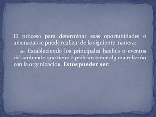 El proceso para determinar esas oportunidades o amenazas se puede realizar de la siguiente manera:     a- Estableciendo los principales hechos o eventos del ambiente que tiene o podrían tener alguna relación con la organización. Estos pueden ser: