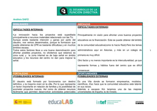 1
Análisis DAFO
DEBILIDADES AMENAZAS
(DIFICULTADES INTERNAS)
•La innovación hacia los proyectos está supeditada
principalmente a recursos materiales relacionado con las Tic.
Aunque existe bastante intención y ganas por parte del
claustro, nos vemos desanimados, porque la formacion que
puede obtenerse de CPR es bastante dificultosa y en muchos
ámbitos escasa.
Todos estos factores lleva a una buena desmotivación para
afrontar posibles proyectos, no olvidemos que estamos es
zona rural, y la zona internet es de baja señal en ámbito
educativo y los recursos del centro no dan para mejorar la
señal.
(DIFICULTADES EXTERNAS)
Principalmente mi visión para afrontar unos buenos proyectos
educativos es la financiación. Esta se puede obtener del ámbito
de la comunidad educativa(como lo hacía Raúl).Pero los temas
administrativos aquí en Asturias, y más en un colegio de
primaria es muy difícil.
Otro factor y no menos importante es la interculturalidad, ya que
representa formas y hábitos fuera del centro que es difícil
consensuar.
FORTALEZAS OPORTUNIDADES
(POSIBILIDADES INTERNAS)
El claustro está formado por funcionarios con destino
definitivo, y la mayoría viven en la villa. Por lo que representa
un factor importante en relación de familias y la posibilidad de
acometer proyectos nuevos. Así como de obtener recursos
fácilmente que permiten desenvolver actividades potenciales
POSIBILIDADES EXTERNAS
Es una Vila donde se formaron empresarios, modistos,
científicos...Eso hace que la comunidad educativa este latente
en sus raíces.
Además a escasos Km tenemos una de las mejores
universidades de España, la de Oviedo.
 