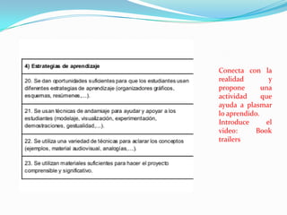 Conecta con la
realidad y
propone una
actividad que
ayuda a plasmar
lo aprendido.
Introduce el
video: Book
trailers
 