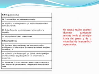 No señala mucho cuántos
alumnos participan,
aunque desde el principio
habla del grupo y de la
necesidad de intercambiar
experiencias.
 