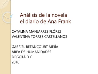 Análisis de la novela
el diario de Ana Frank
CATALINA MANJARRES FLÓREZ
VALENTINA TORRES CASTELLANOS
GABRIEL BETANCOURT MEJÍA
ÁREA DE HUMANIDADES
BOGOTÁ D.C
2016
 
