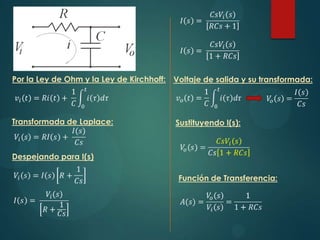 Por la Ley de Ohm y la Ley de Kirchhoff: Voltaje de salida y su transformada:

Transformada de Laplace:

Sustituyendo I(s):

Despejando para I(s)
Función de Transferencia:

 