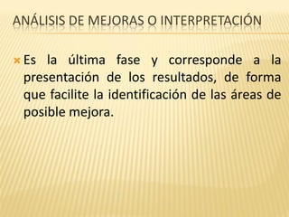 ANÁLISIS DE MEJORAS O INTERPRETACIÓN
 Es la última fase y corresponde a la
presentación de los resultados, de forma
que facilite la identificación de las áreas de
posible mejora.
 