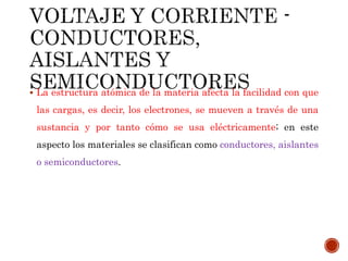  La estructura atómica de la materia afecta la facilidad con que 
las cargas, es decir, los electrones, se mueven a través de una 
sustancia y por tanto cómo se usa eléctricamente; en este 
aspecto los materiales se clasifican como conductores, aislantes 
o semiconductores. 
 