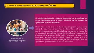 2. GESTIONA SU APRENDIZAJE DE MANERA AUTÓNOMA
El estudiante desarrolla procesos autónomos de aprendizaje en
forma permanente para la mejora continua de su proceso de
aprendizaje y de sus resultados.
El estudiante toma conciencia de su aprendizaje como un proceso
activo. De esta manera participa directamente en él, evaluando
por sí mismo sus avances, dificultades y asumiendo el control de
su proceso de aprendizaje, de manera disciplinada, responsable y
comprometida respecto de la mejora continua de este y sus
resultados. Asimismo, el estudiante organiza y potencia por sí
mismo, a través de distintas estrategias, los distintos procesos de
aprendizaje que emprende en su vida académica.
Relación con el
aprendizaje del perfil
 