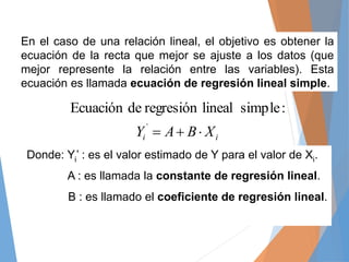 En el caso de una relación lineal, el objetivo es obtener la
ecuación de la recta que mejor se ajuste a los datos (que
mej...