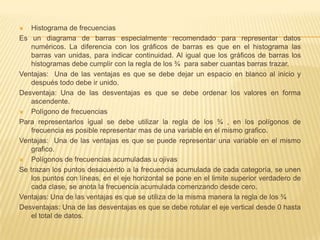    Histograma de frecuencias
Es un diagrama de barras especialmente recomendado para representar datos
    numéricos. La diferencia con los gráficos de barras es que en el histograma las
    barras van unidas, para indicar continuidad. Al igual que los gráficos de barras los
    histogramas debe cumplir con la regla de los ¾ para saber cuantas barras trazar.
Ventajas: Una de las ventajas es que se debe dejar un espacio en blanco al inicio y
    después todo debe ir unido.
Desventaja: Una de las desventajas es que se debe ordenar los valores en forma
    ascendente.
   Polígono de frecuencias
Para representarlos igual se debe utilizar la regla de los ¾ , en los polígonos de
    frecuencia es posible representar mas de una variable en el mismo grafico.
Ventajas: Una de las ventajas es que se puede representar una variable en el mismo
    grafico.
   Polígonos de frecuencias acumuladas u ojivas
Se trazan los puntos desacuerdo a la frecuencia acumulada de cada categoría, se unen
    los puntos con líneas, en el eje horizontal se pone en el limite superior verdadero de
    cada clase, se anota la frecuencia acumulada comenzando desde cero.
Ventajas: Una de las ventajas es que se utiliza de la misma manera la regla de los ¾
Desventajas: Una de las desventajas es que se debe rotular el eje vertical desde 0 hasta
    el total de datos.
 