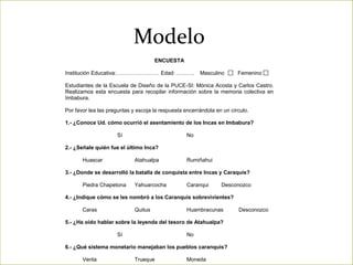 Modelo
ENCUESTA
Institución Educativa:…………………… Edad: ………. Masculino Femenino
Estudiantes de la Escuela de Diseño de la PUCE-SI: Mónica Acosta y Carlos Castro.
Realizamos esta encuesta para recopilar información sobre la memoria colectiva en
Imbabura.
Por favor lea las preguntas y escoja la respuesta encerrándola en un círculo.
1.- ¿Conoce Ud. cómo ocurrió el asentamiento de los Incas en Imbabura?
Sí No
2.- ¿Señale quién fue el último Inca?
Huascar Atahualpa Rumiñahui
3.- ¿Donde se desarrolló la batalla de conquista entre Incas y Caraquis?
Piedra Chapetona Yahuarcocha Caranqui Desconozco
4.- ¿Indique cómo se les nombró a los Caranquis sobrevivientes?
Caras Quitus Huambracunas Desconozco
5.- ¿Ha oído hablar sobre la leyenda del tesoro de Atahualpa?
Sí No
6.- ¿Qué sistema monetario manejaban los pueblos caranquis?
Venta Trueque Moneda
 
