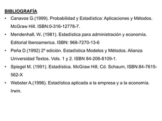 BIBLIOGRAFÍA
• Canavos G.(1999). Probabilidad y Estadística: Aplicaciones y Métodos.
McGraw Hill. ISBN:0-316-12778-7.
• Mendenhall, W. (1981). Estadística para administración y economía.
Editorial Iberoamerica. ISBN: 968-7270-13-6
• Peña D.(1992) 2º edición. Estadística Modelos y Métodos. Alianza
Universidad Textos. Vols. 1 y 2. ISBN 84-206-8109-1.
• Spiegel M. (1991). Estadística. McGraw Hill, Cd. Schaum, ISBN:84-7615-
562-X
• Webster A.(1996). Estadística aplicada a la empresa y a la economía.
Irwin.
 