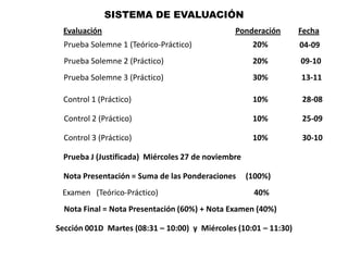 SISTEMA DE EVALUACIÓN
Prueba Solemne 1 (Teórico-Práctico)
Prueba Solemne 2 (Práctico)
Prueba Solemne 3 (Práctico)
Control 1 (Práctico)
Control 2 (Práctico)
Control 3 (Práctico)
Examen (Teórico-Práctico) 40%
20%
20%
30%
10%
10%
10%
Nota Final = Nota Presentación (60%) + Nota Examen (40%)
Nota Presentación = Suma de las Ponderaciones (100%)
Evaluación Ponderación Fecha
04-09
Sección 001D Martes (08:31 – 10:00) y Miércoles (10:01 – 11:30)
09-10
13-11
28-08
25-09
30-10
Prueba J (Justificada) Miércoles 27 de noviembre
 