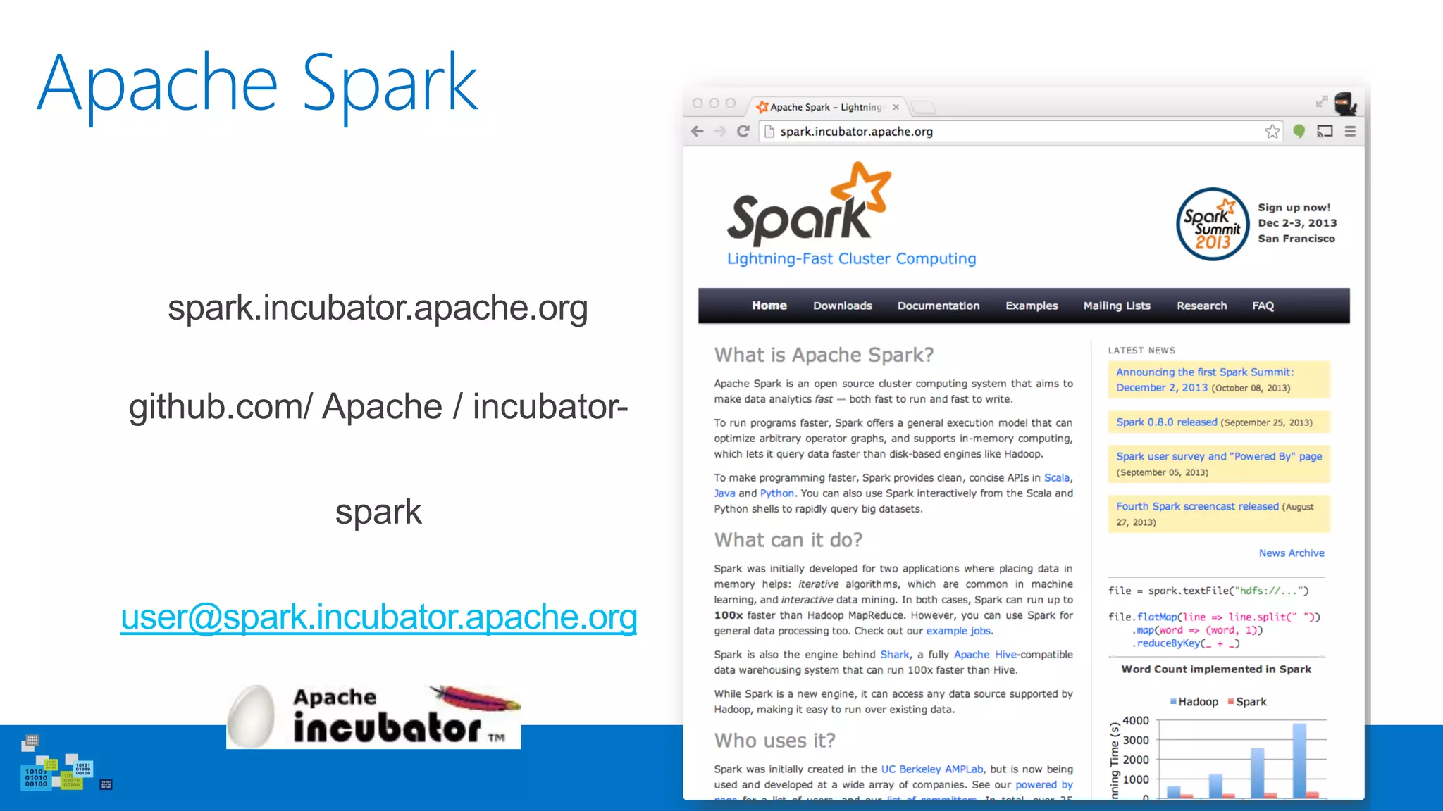 Apache Spark
spark.incubator.apache.org
github.com/ Apache / incubator-
spark
user@spark.incubator.apache.org
 
