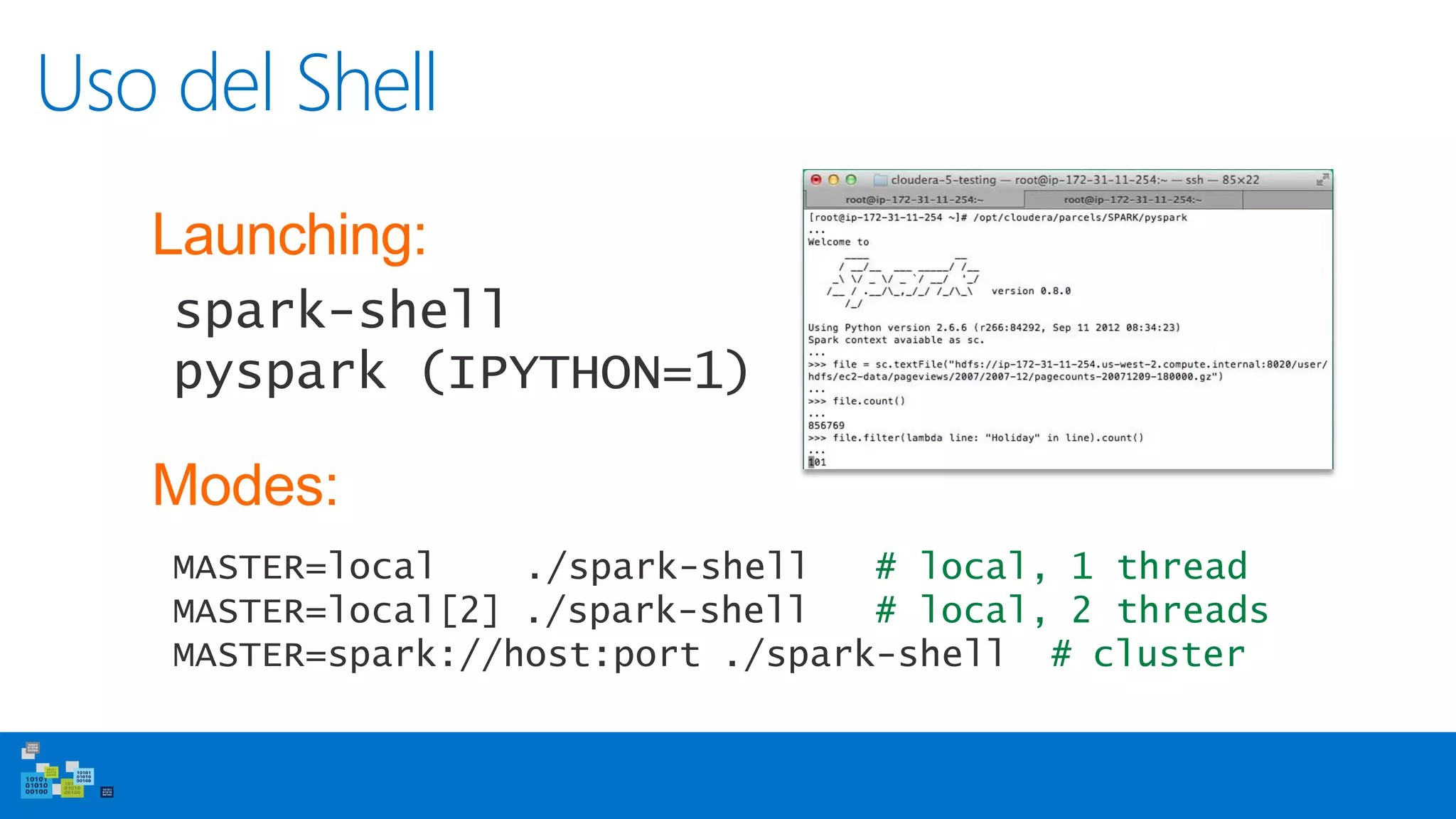 Uso del Shell
Modes:
MASTER=local ./spark-shell
MASTER=local[2] ./spark-shell
# local, 1
# local, 2
thread
threads
MASTER=spark://host:port ./spark-shell # cluster
Launching:
spark-shell
pyspark (IPYTHON=1)
 