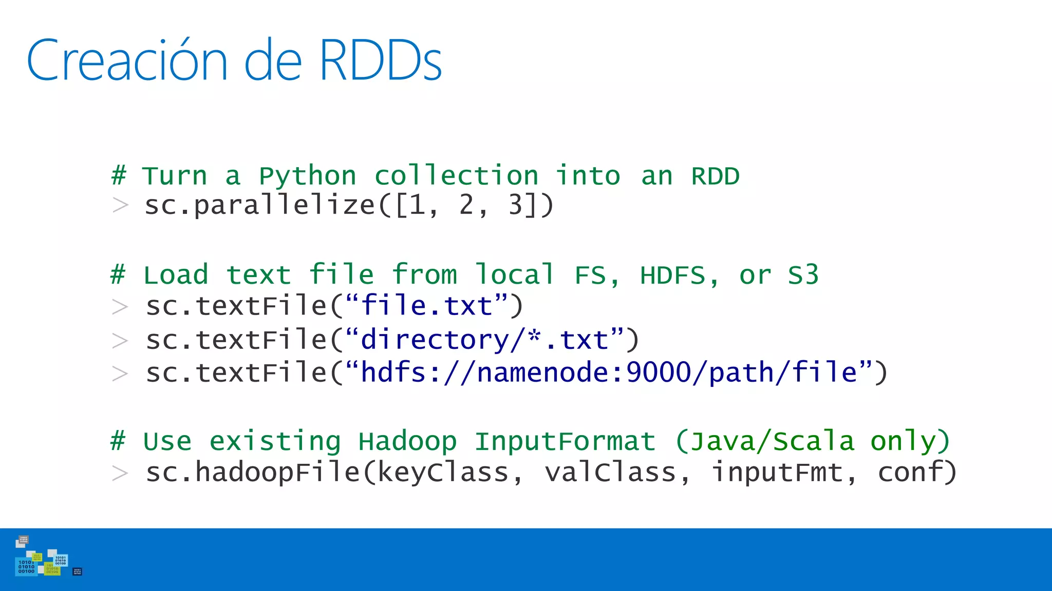 Creación de RDDs
# Load text file from local FS, HDFS, or S3
> sc.textFile(“file.txt”)
> sc.textFile(“directory/*.txt”)
> sc.textFile(“hdfs://namenode:9000/path/file”)
# Use existing Hadoop InputFormat (Java/Scala only)
> sc.hadoopFile(keyClass, valClass, inputFmt, conf)
# Turn a Python collection into an RDD
> sc.parallelize([1, 2, 3])
 